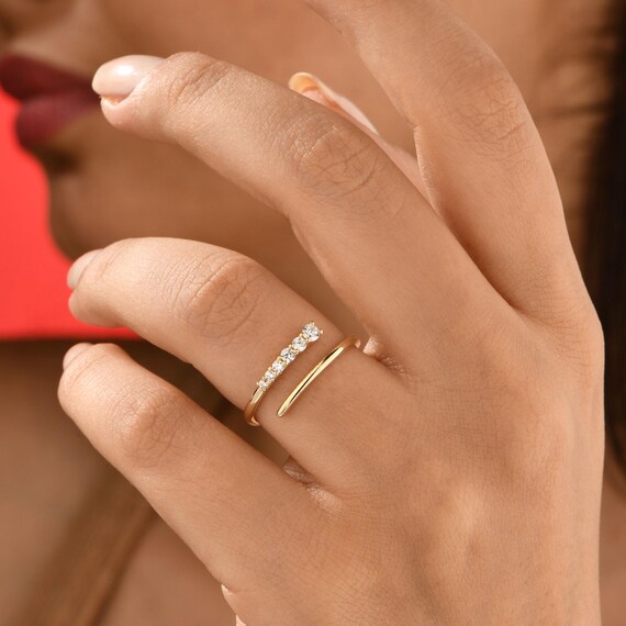 Tiny Wrap Rings 14K Solid Gold Spiral Open Ring, Simulated Diamond