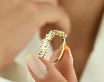 Baguette Band, 14k Solid Gold Stackable Baguette Diamond Women's Wedding Band, Half Eternity Stackable Cz Diamond Ring, Moissanite Baguette