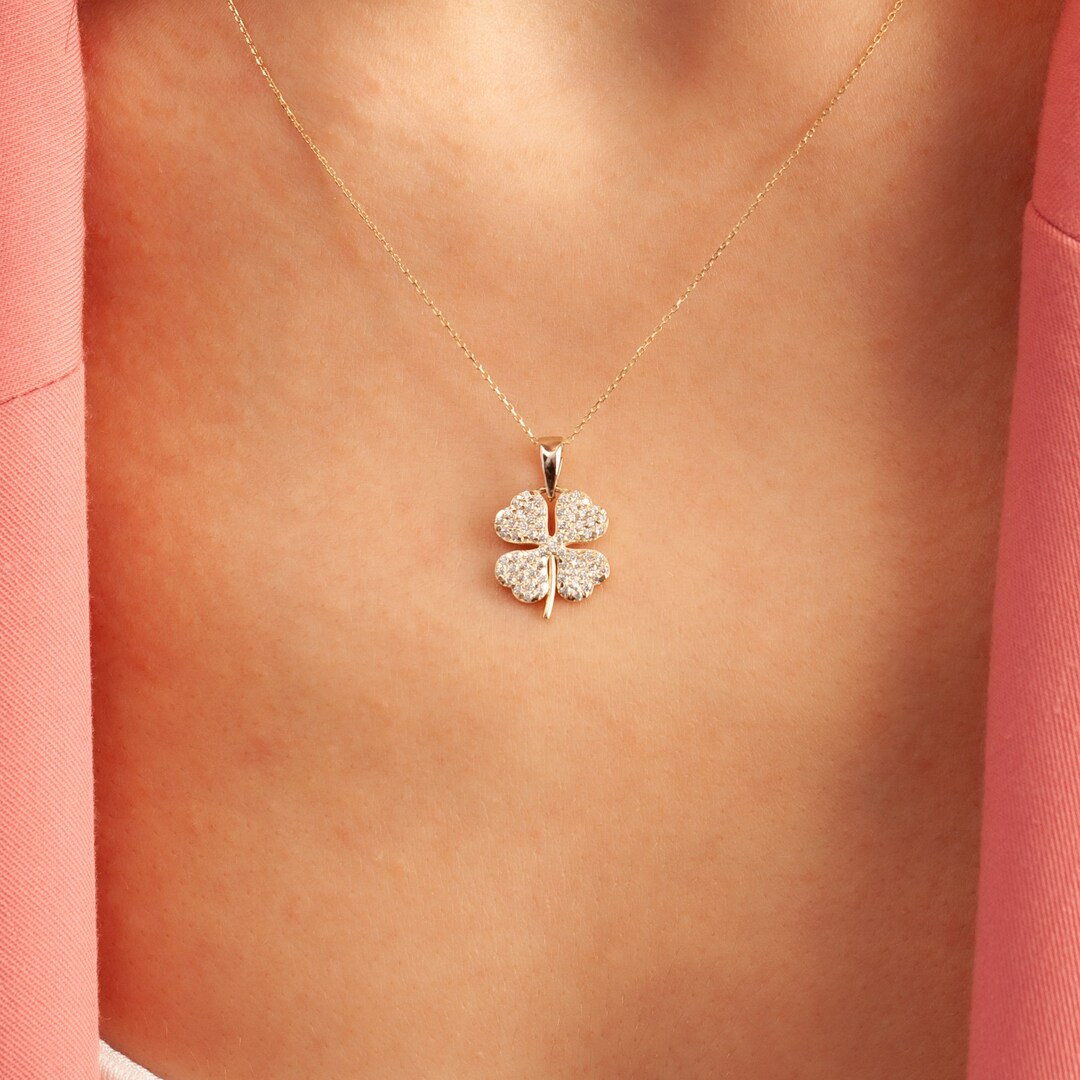 14k Solid Gold Clover Necklace, Diamond Four Leaf Clover Necklace