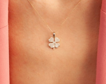 14k Solid Gold Clover Necklace, Diamond Four Leaf Clover Necklace, Moissanite Good Luck Pendant, 10k 18k Minimalist Clover Everyday Necklace