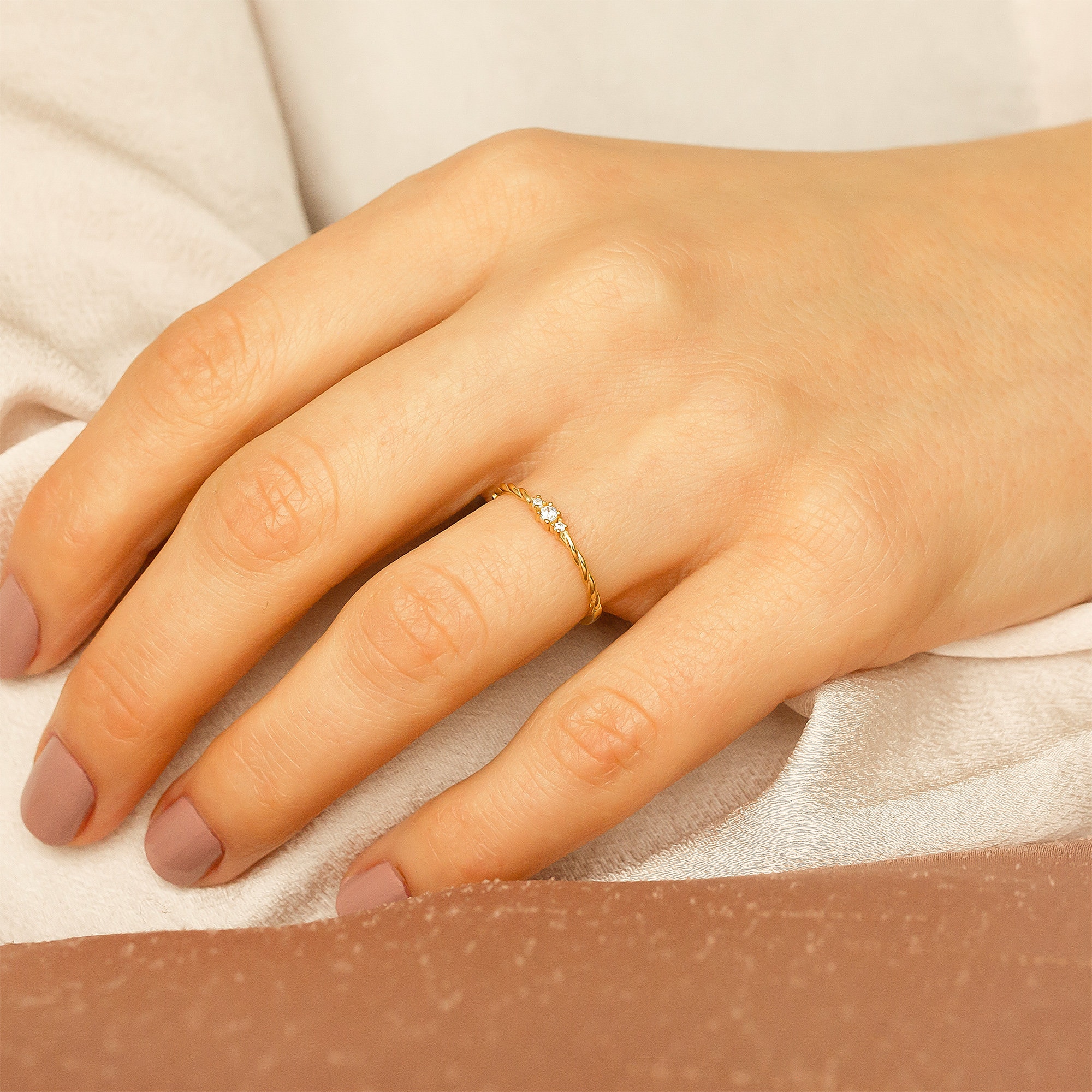 GNIRTSI 14K Gold Plated Beaded Ring - Thin Twisted Rope Design, Hypoallergenic, No Gemstone, Gift Bag Included