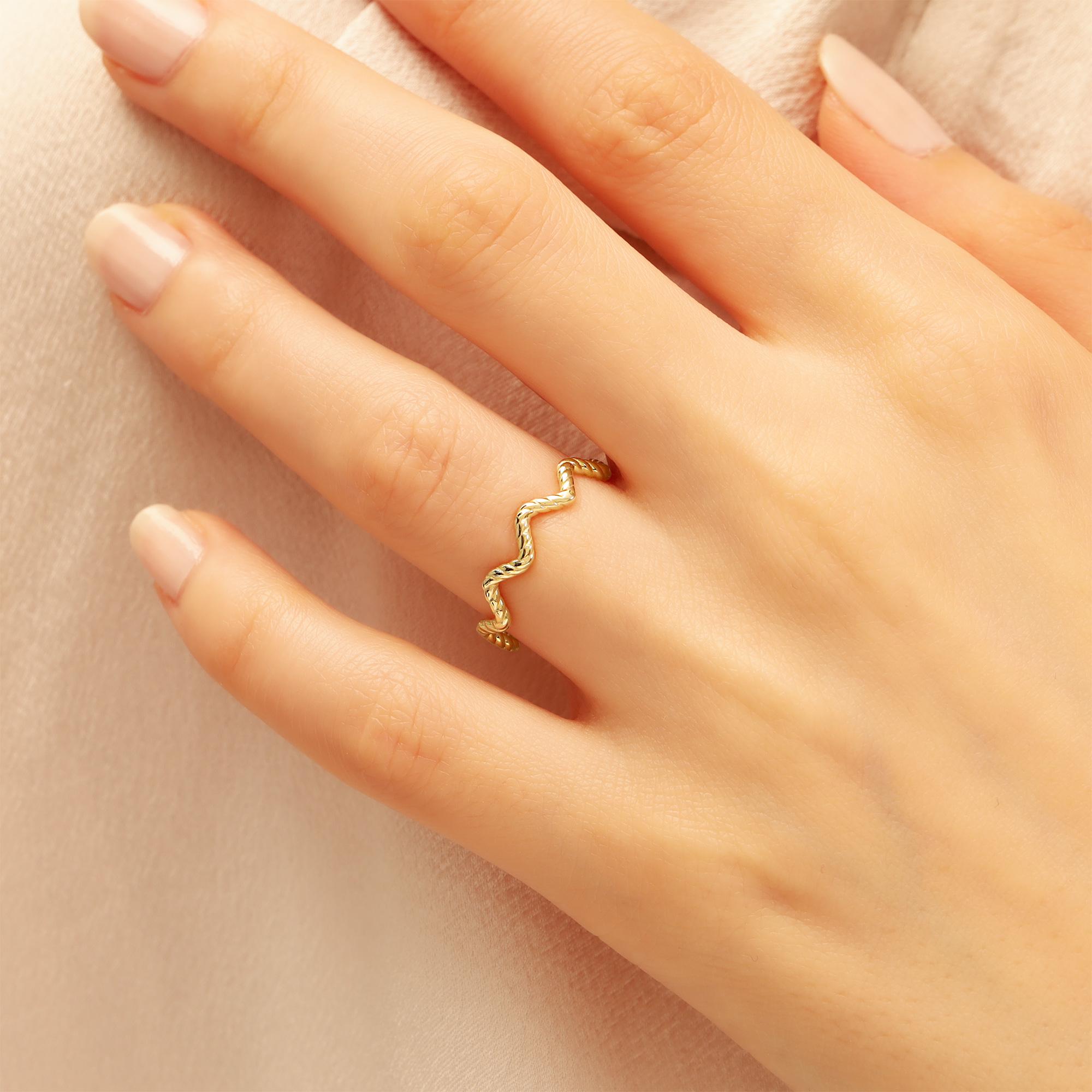 14K Solid Gold Twisted Zigzag Ring, Minimalist Wave Rings for