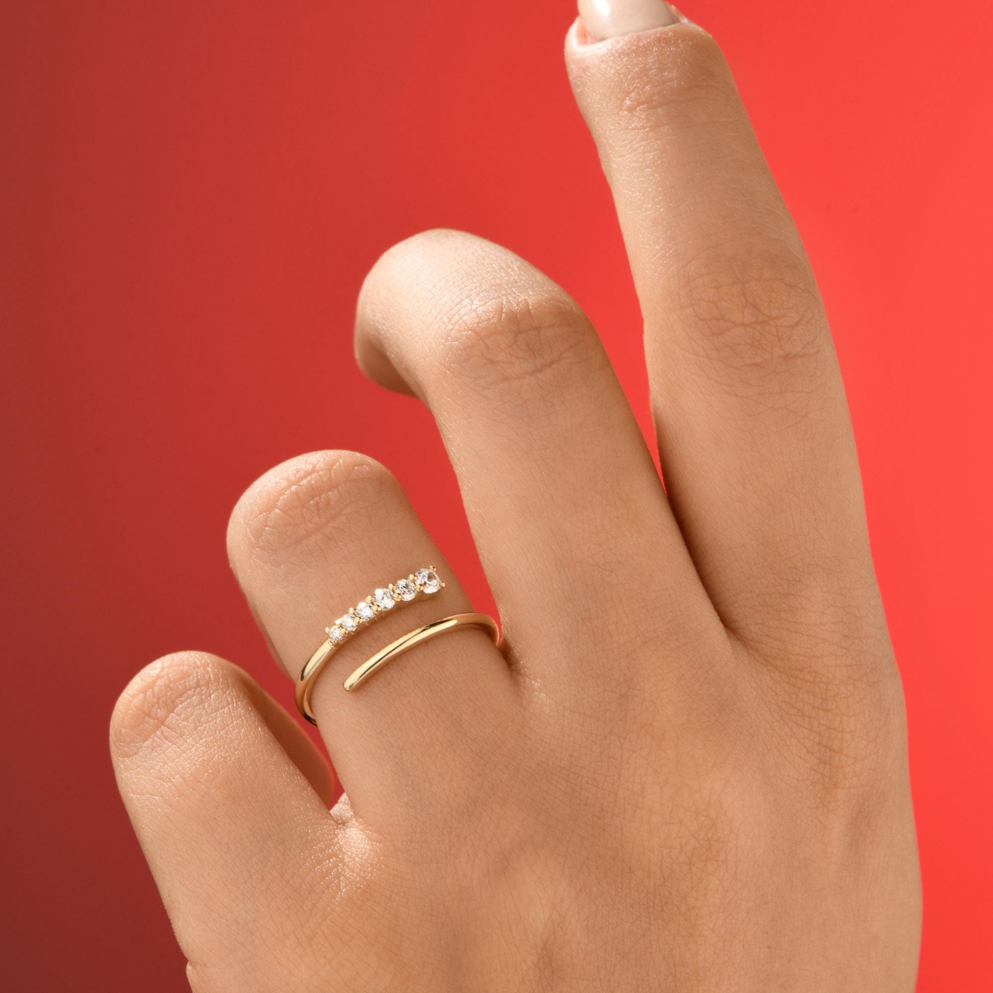 14K Solid Gold Spiral Open Ring, Simulated Diamond Wrap