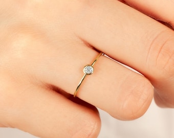 14k Solid Gold Single Stone Ring • Bezel Set Solitaire Ring • Stackable Diamond Solo Ring • 10k 18k Round Pinky Ring • April Birthstone Ring
