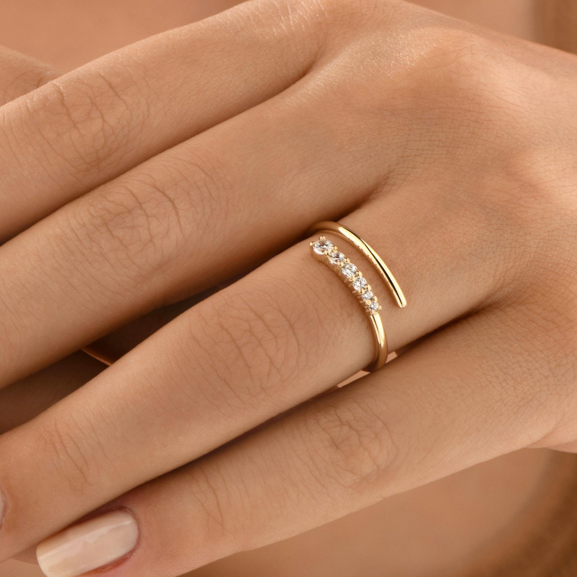 14K Solid Gold Spiral Open Ring, Simulated Diamond Wrap