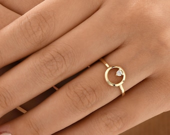 14k Solid Gold Open Circle Ring with Moissanite - Unique Geometric Design for Women - Perfect Gift for Her - Handmade Fine Jewelry
