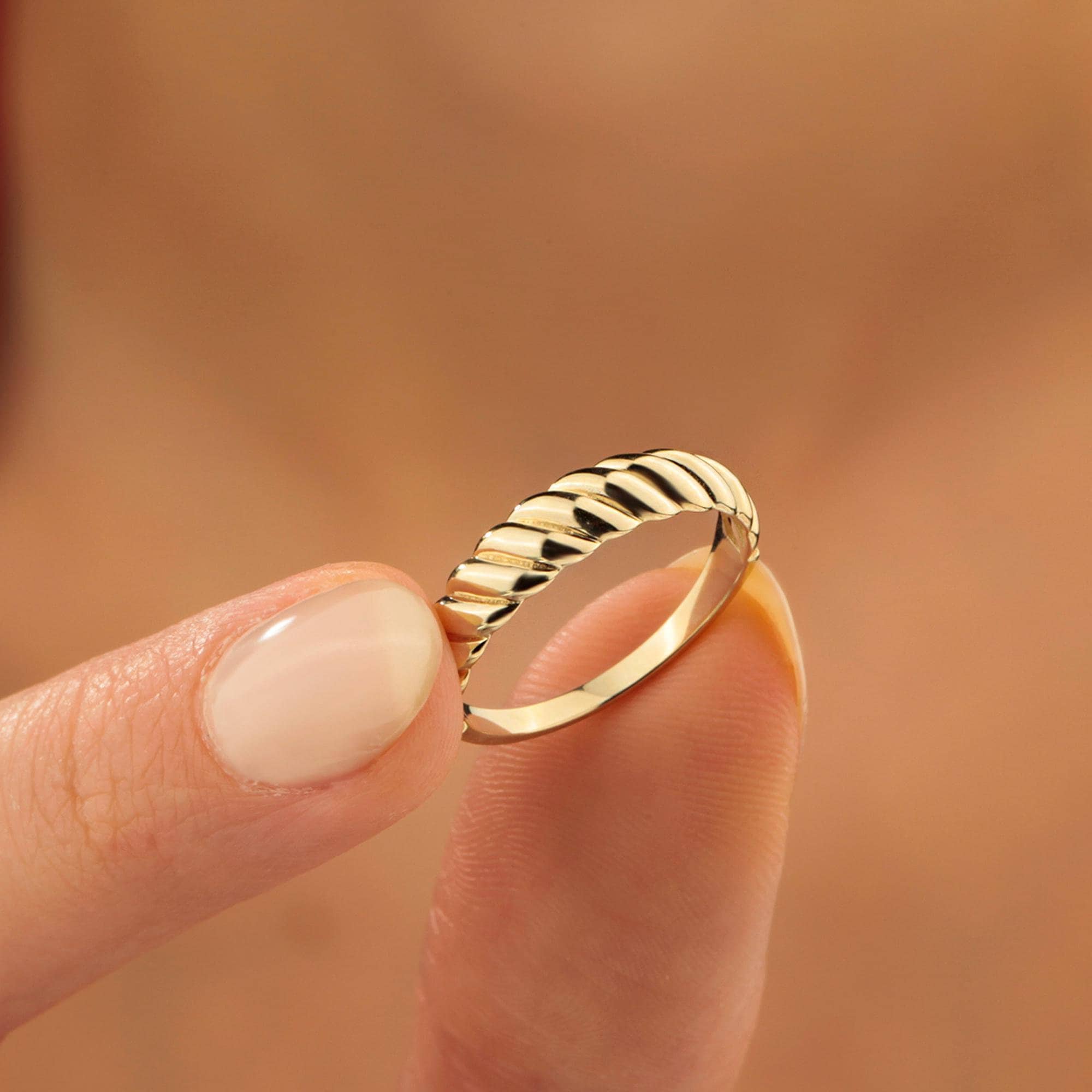 14K Solid Gold Thin Croissant Gold Dome Ring, Tiny Croissant Ring