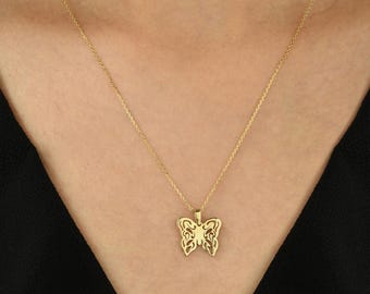 14K Solid Gold Butterfly Necklace, Tiny Butterfly Pendant, Minimalistyczny Butterfly Charm Pendant, Animal Fine Jewelry, 10k 18k Prawdziwe Złoto Charm