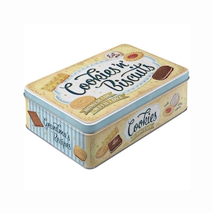 May include: Rectangular tin cookie box with a light yellow background and blue accents. The box features the words "Cookies 'n Biscuits" and "Grandma's Recipes". Various cookie illustrations are displayed on the box.