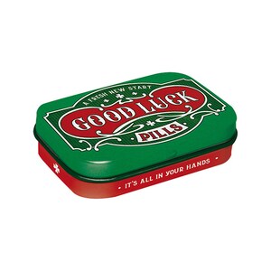 Nostalgic-Art pill box approx. 1.5 x 2.5 x 0.6 in Good Luck Pills pocket accessory retro gift for collectors, mint tin, pocket size