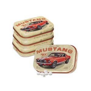 May include: A stack of four vintage-style metal tins featuring a red 1967 Ford Mustang GT on the front. The tins are labelled "American Classic Mustang '67".