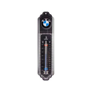 Op de afbeelding: Zwart-witte metalen thermometer met een BMW-logo en een temperatuurschaal in zowel Celsius als Fahrenheit. De thermometer heeft een geruit patroon.