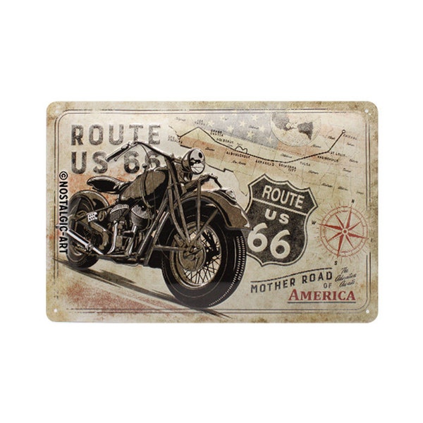 Nostalgic-Art Plaque rétro en tôle, 20 x 30 cm, « Route 66 Bike Map », idée cadeau pour les fans des États-Unis, en métal, design vintage