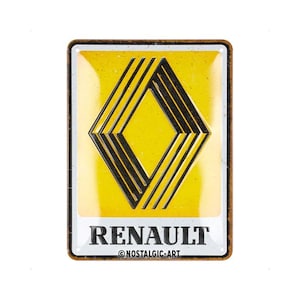 Könnte beinhalten: Ein gelbes Metallschild mit einem schwarzen Diamantenlogo und dem Wort "RENAULT" in schwarzer Schrift. Das Schild enthält auch den Text "©NOSTALGIC-ART" in kleinerer schwarzer Schrift.