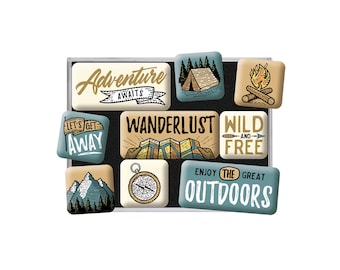 Nostalgic-Art Retro Kühlschrank-Magnete, 9 Stück, "Outdoor Adventure", Geschenk-Idee für Camping-Fans, Magnet-Set, Vintage Design