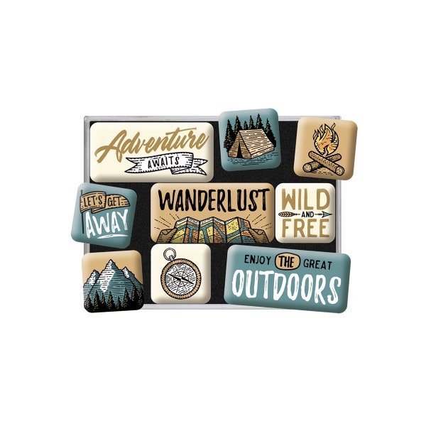 Nostalgic-Art Retro Kühlschrank-Magnete, 9 Stück, "Outdoor Adventure", Geschenk-Idee für Camping-Fans, Magnet-Set, Vintage Design