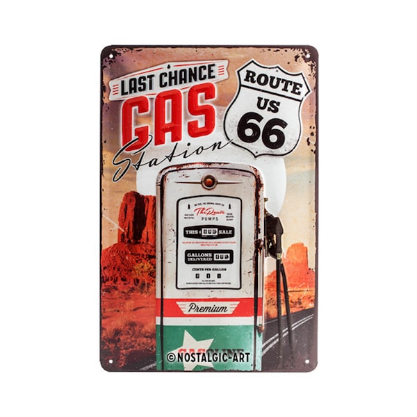 Nostalgic-Art Plaque en tôle rétro, 20 x 30 cm, « Route 66 Gas Station », idée cadeau pour les fans des États-Unis, en métal, design vintage