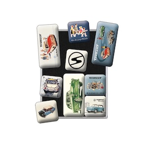 Nostalgiczne magnesy na lodówkę w stylu retro, 9 sztuk, „Trabant”, pomysł na pamiątkę i prezent, zestaw magnesów, Vintage Design