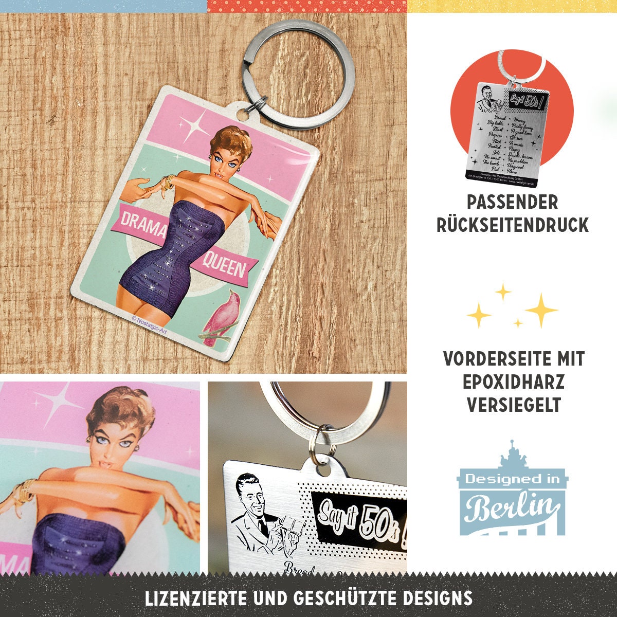 Schlüsselanhänger „Drama Queen“ – Retro-Design, Edelstahl, 6 X 4,5 Cm – Epoxidharz Versiegelt