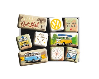 Nostalgic-Art Retro Fridge Magnets, Pack of 9, &quot;VW Bulli - Let&#39;s Get Lost&quot;, Volkswagen Bus Gift Idea, Magnet Set, Vintage Design