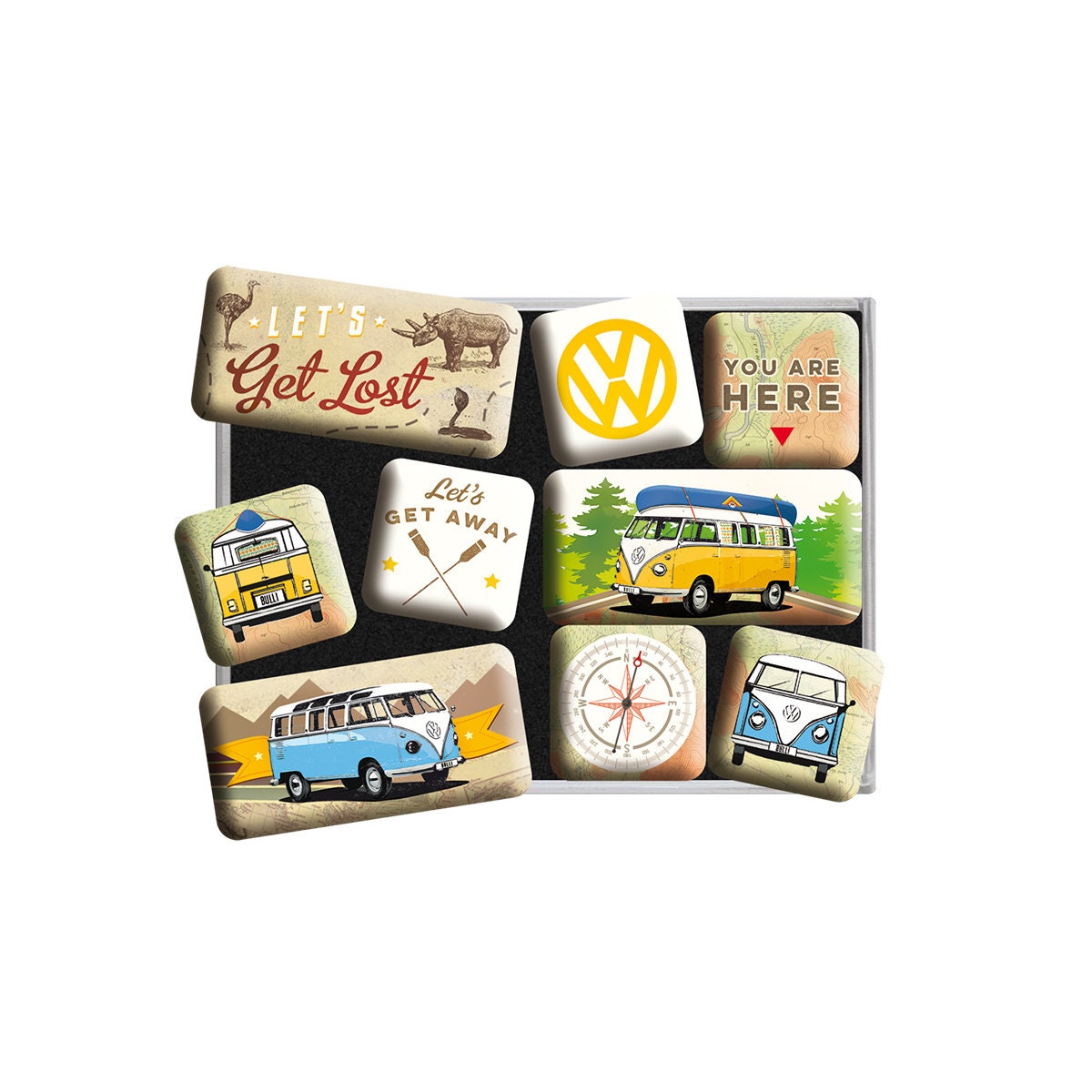 Nostalgic-Art Retro Kühlschrank-Magnete, 9 Stück, "VW Bulli – Let's Get Lost", Volkswagen Bus Geschenk-Idee, Magnet-Set, Vintage Design