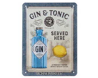 Nostalgic-Art Retro Blechschild, 15 x 20 cm, "Gin & Tonic Served Here", Geschenk-Idee als Bar-Zubehör, aus Metall, Vintage Design