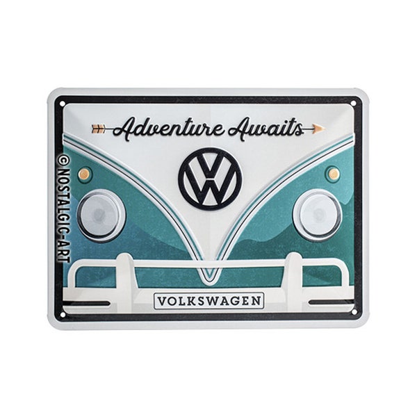 Nostalgic-Art Retro tin sign, 15 x 20 cm, "VW Bulli - Adventure Awaits", Volkswagen Bus gift idea, made of metal, vintage design