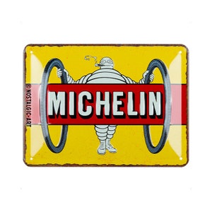 Letrero de chapa retro Nostalgic-Art, 15 x 20 cm, «Michelin - Tyres Bibendum Yellow», idea de regalo para amantes de los motores, de metal, diseño vintage