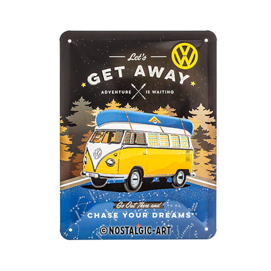 Vintage Volkswagen Metal Sign L Let's Get Away VW Bus Retro Tin