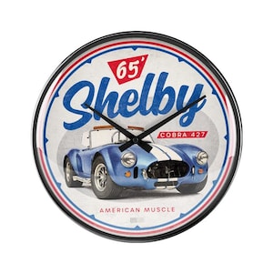 Nostalgic Art; Shelby American Muscle Cobra 427 round wall clock Ø 31 cm, silent quartz clock with metal frame & real glass, for garage, bar, OLP