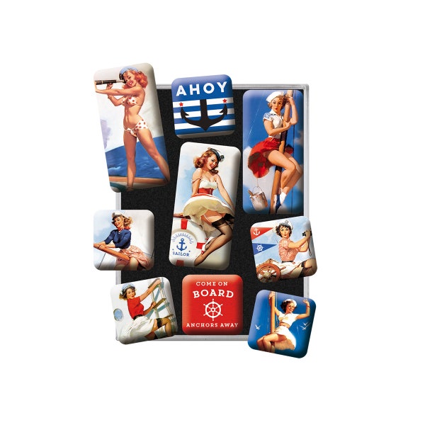 Nostalgic-Art Retro Kühlschrank-Magnete, 9 Stück, "Pin Up – Ahoy", Geschenk-Idee für Nostalgie-Fans, Magnet-Set, Vintage Design