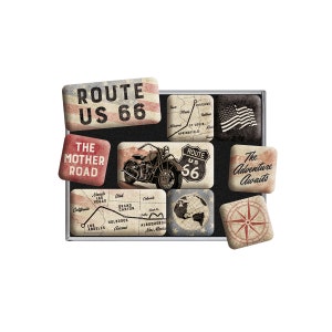 Nostalgic-Art Retro Kühlschrank-Magnete, 9 Stück, "Route 66 Bike Map", Geschenk-Idee für USA Fans, Magnet-Set, Vintage Design