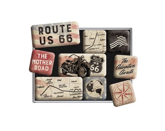 Nostalgische kunst retro koelkastmagneten, 9 stuks, "Route 66 Bike Map", cadeau-idee voor Amerikaanse fans, magneetset, vintage design