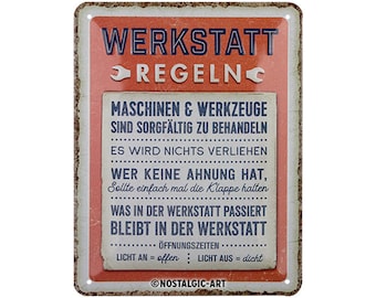 Nostalgic-Art Retro Blechschild, 15 x 20 cm, "Werkstattregeln", Geschenk-Idee für Motor-Fans, aus Metall, Vintage Design mit Spruch