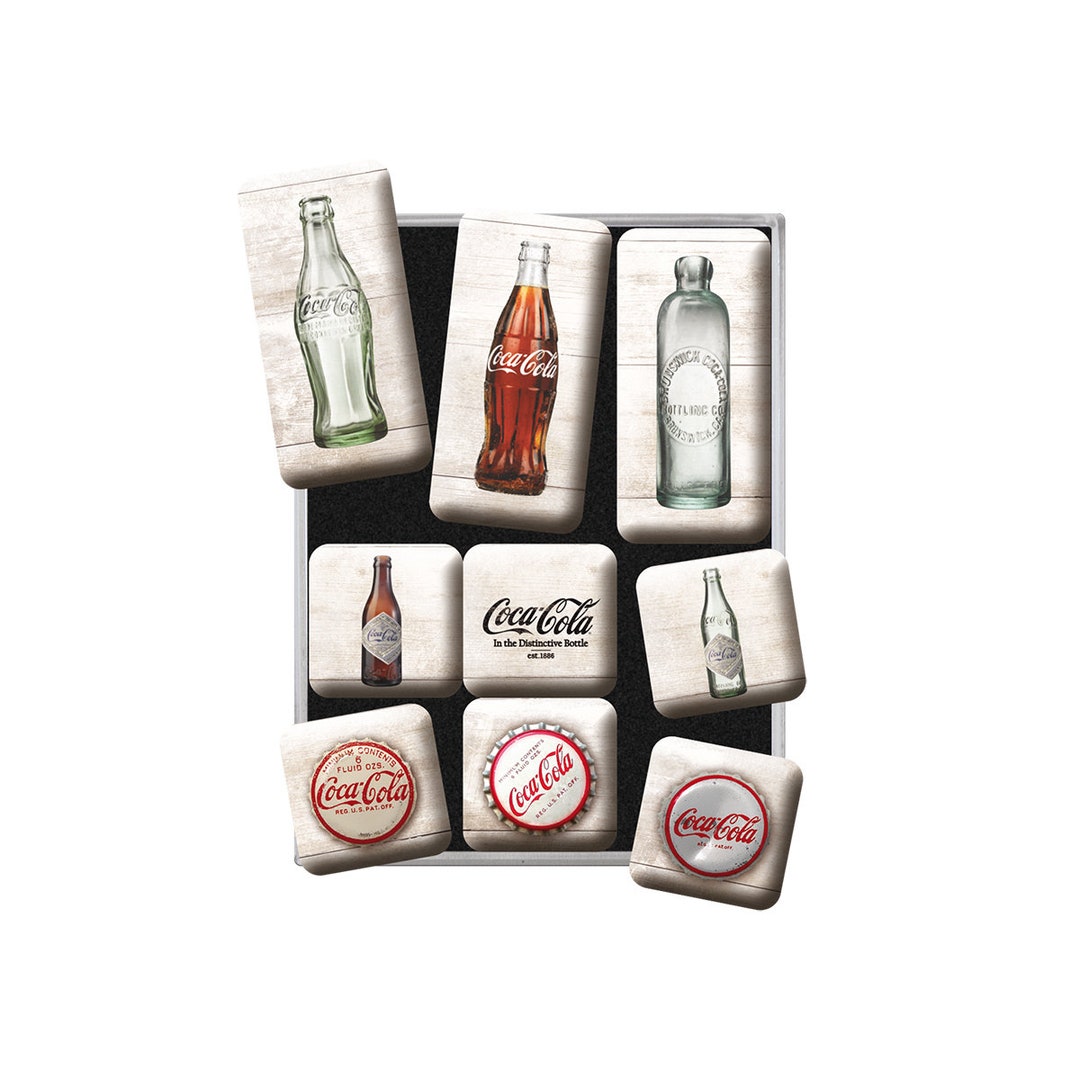Set D'aimants Frigo Coca-Cola 9 Pièces - Timeline Des Bouteilles Vintage