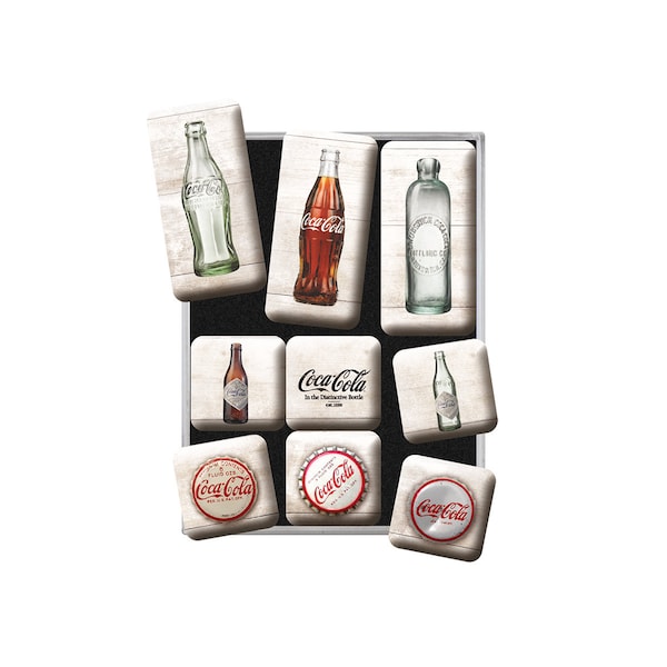 Nostalgic-Art Retro Kühlschrank-Magnete, 9 Stück, "Coca-Cola – Bottle Timeline", Geschenk-Idee für Coke-Fans, Magnet-Set, Vintage Design
