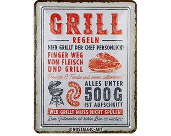 Nostalgic-Art Retro Blechschild, 15 x 20 cm, "Grillregeln", Geschenk-Idee für Grill-Fans, aus Metall, Vintage Design mit Spruch