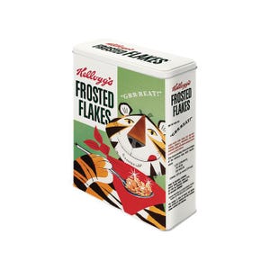 May include: A rectangular metal tin of Kellogg's Frosted Flakes cereal. The tin features a green and white background with the words "Frosted Flakes" and "Kellogg's" in red and black. The front of the tin has a cartoon tiger holding a spoon with cereal.