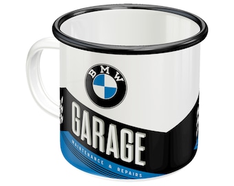 Taza retro de esmalte Nostalgic-Art, 360 ml, "BMW – Garage", idea de regalo para amantes de los accesorios BMW, taza de camping, diseño vintage