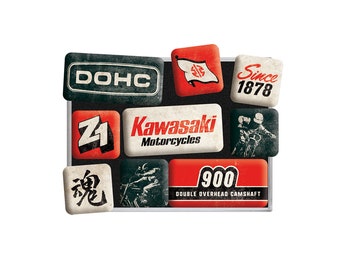 Nostalgische kunst retro koelkastmagneten, 9 stuks, "Kawasaki - motorfietsen sinds 1878", cadeau-idee voor motorrijders, magneetset, vintage design