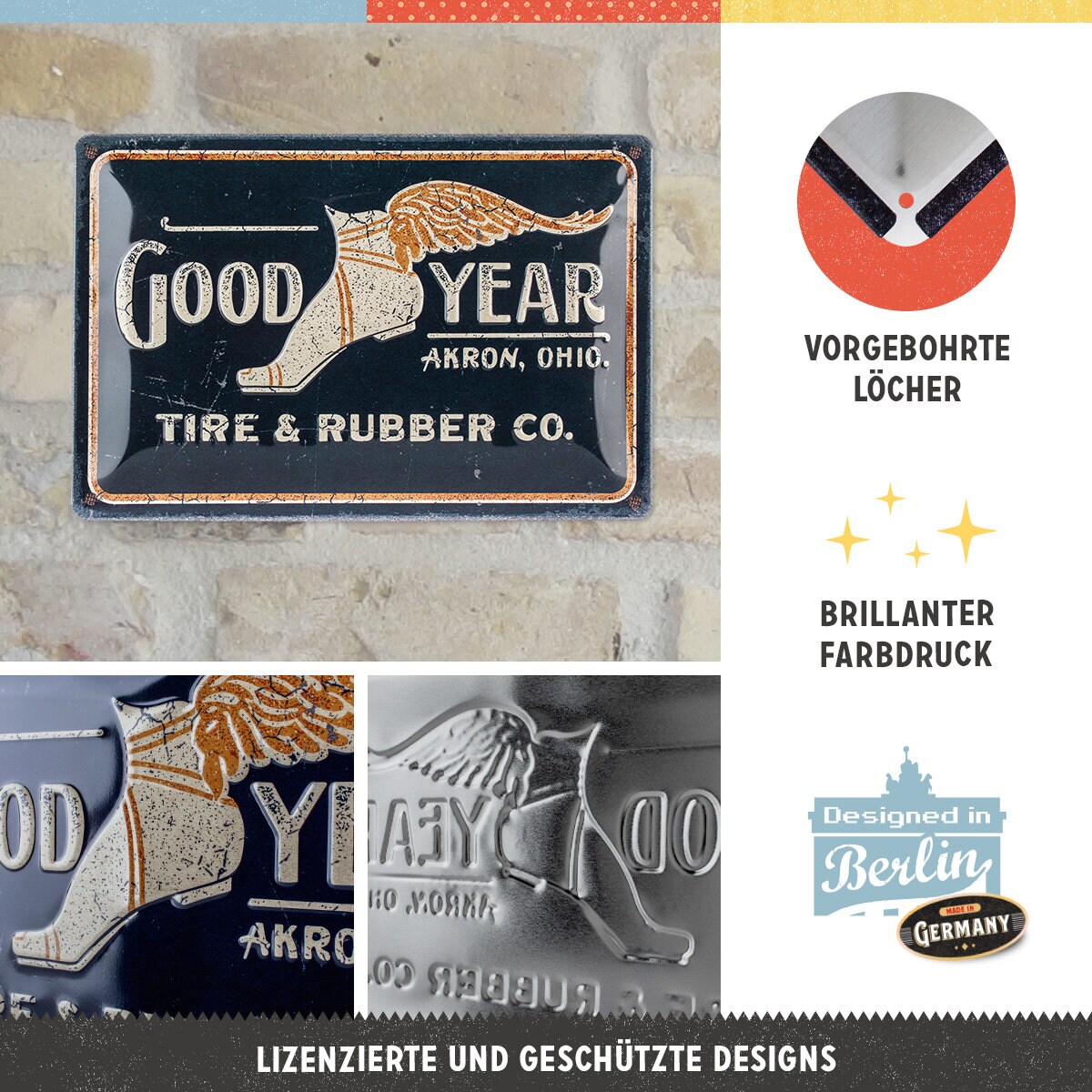 Goodyear Blechschild Vintage 30x40 Cm – Lizenziert, Stahlblech, 3D-Prägung, Made In Germany