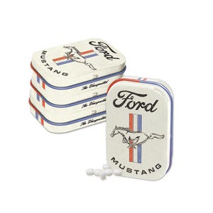 May include: A stack of four white metal tins with a blue and red stripe design. The tins feature the Ford Mustang logo with the words "Ford" and "Mustang" in black text. The tins are filled with white mints.