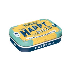 Nostalgic-Art pill box approx. 1.5 x 2.5 x 0.6 in Happy Pills pocket accessory retro gift for collectors, mint tin, pocket size, retro gift