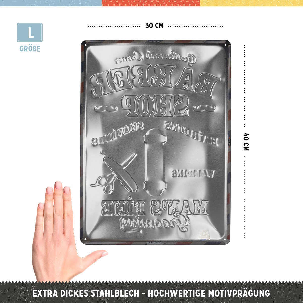 Targa Metallica Retrò Barber Shop 30x40 Cm - Decorazione Vintage Per Uomini, Made In Germany - Foto 5