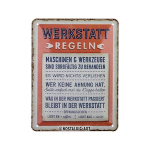 Werkstattregeln Retro-Blechschild aus Stahlblech, 15 x 20 cm