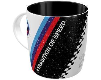 Taza de café retro con arte nostálgico, 330 ml, «BMW Motorsport: Tradición de velocidad», ideal para regalar a los fans de BMW, taza de cerámica, diseño vintage