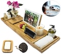 Bamboo Bath Tray Caddy / Extendable. Home Spa, with wine glass holder / Ipad / phone & candle holder, FREE Soap Dish and Pumice Stone