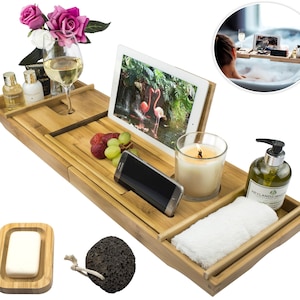 Bamboo Bath Tray Caddy / Extendable. Home Spa, with wine glass holder / Ipad / phone & candle holder, FREE Soap Dish and Pumice Stone