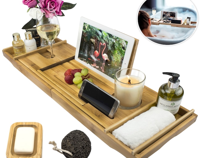 Bamboo Bath Tray Caddy / Extendable. Home Spa, with wine glass holder / Ipad / phone & candle holder, FREE Soap Dish and Pumice Stone