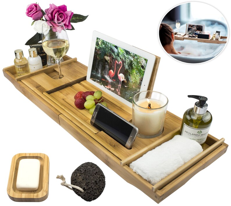 Bamboo Bath Tray Caddy / Extendable. Home Spa With Wine Glass Etsy UK